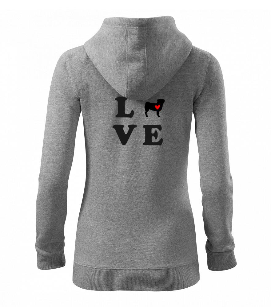 Mops love - Mikina dámska trendy zipper s kapucňou