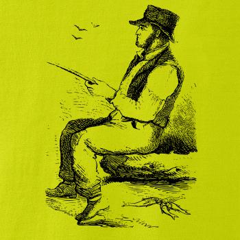 Kreslený pán s klobúkom na rybách