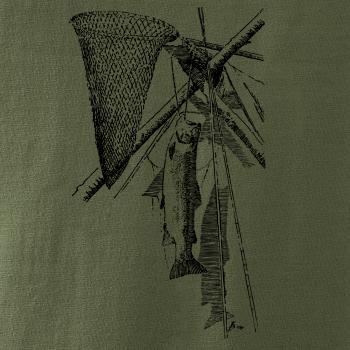 Kreslený podberák a chytená ryba