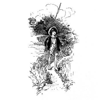 Kreslený chlapec s prútom