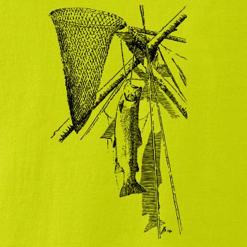 Kreslený podberák a chytená ryba