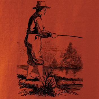 Kreslený rybár s vytiahnutými nohavicami