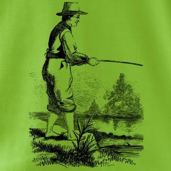 Kreslený rybár s vytiahnutými nohavicami