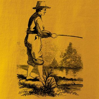 Kreslený rybár s vytiahnutými nohavicami