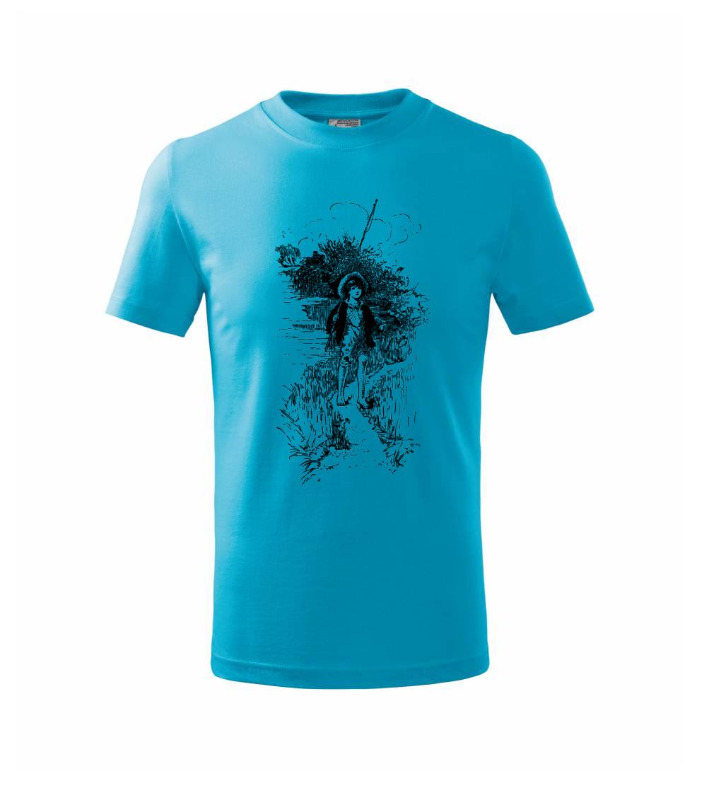 Kreslený chlapec s prútom