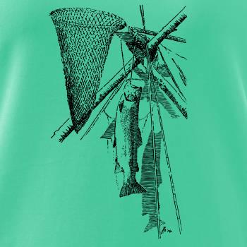 Kreslený podberák a chytená ryba