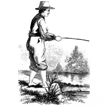 Kreslený rybár s vytiahnutými nohavicami