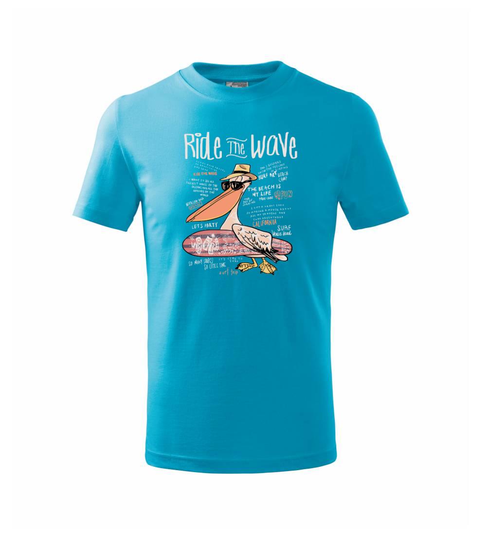 Tričko s motívmi vtákov - Ride the wave pelikán - Tričko detské bavlnené