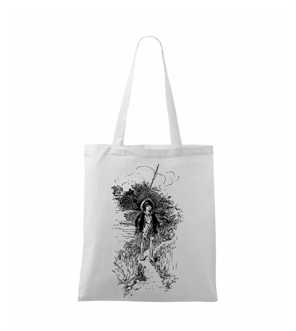 Kreslený chlapec s prútom