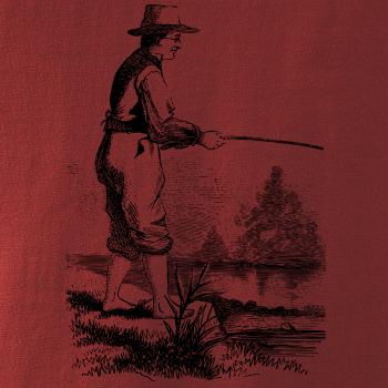 Kreslený rybár s vytiahnutými nohavicami