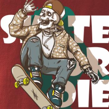 Skull riding skateboard