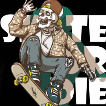 Skull riding skateboard