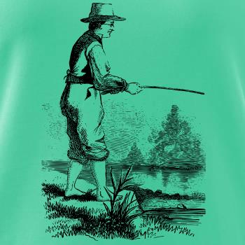 Kreslený rybár s vytiahnutými nohavicami