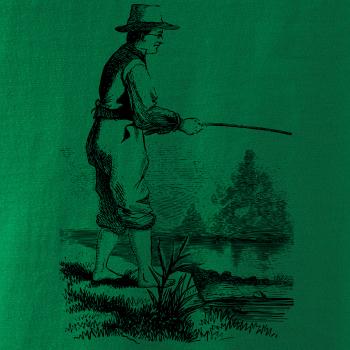 Kreslený rybár s vytiahnutými nohavicami