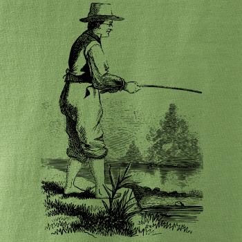 Kreslený rybár s vytiahnutými nohavicami