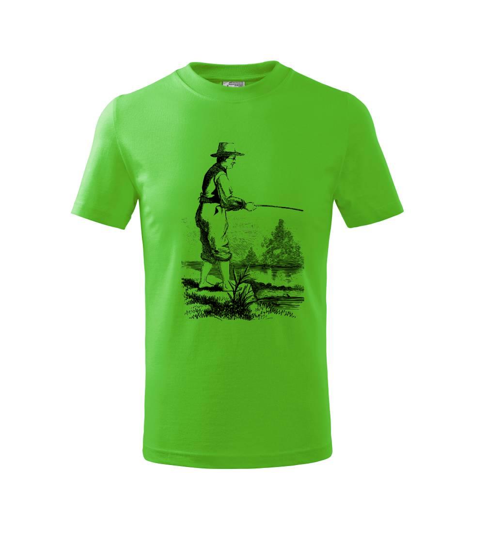 Kreslený rybár s vytiahnutými nohavicami