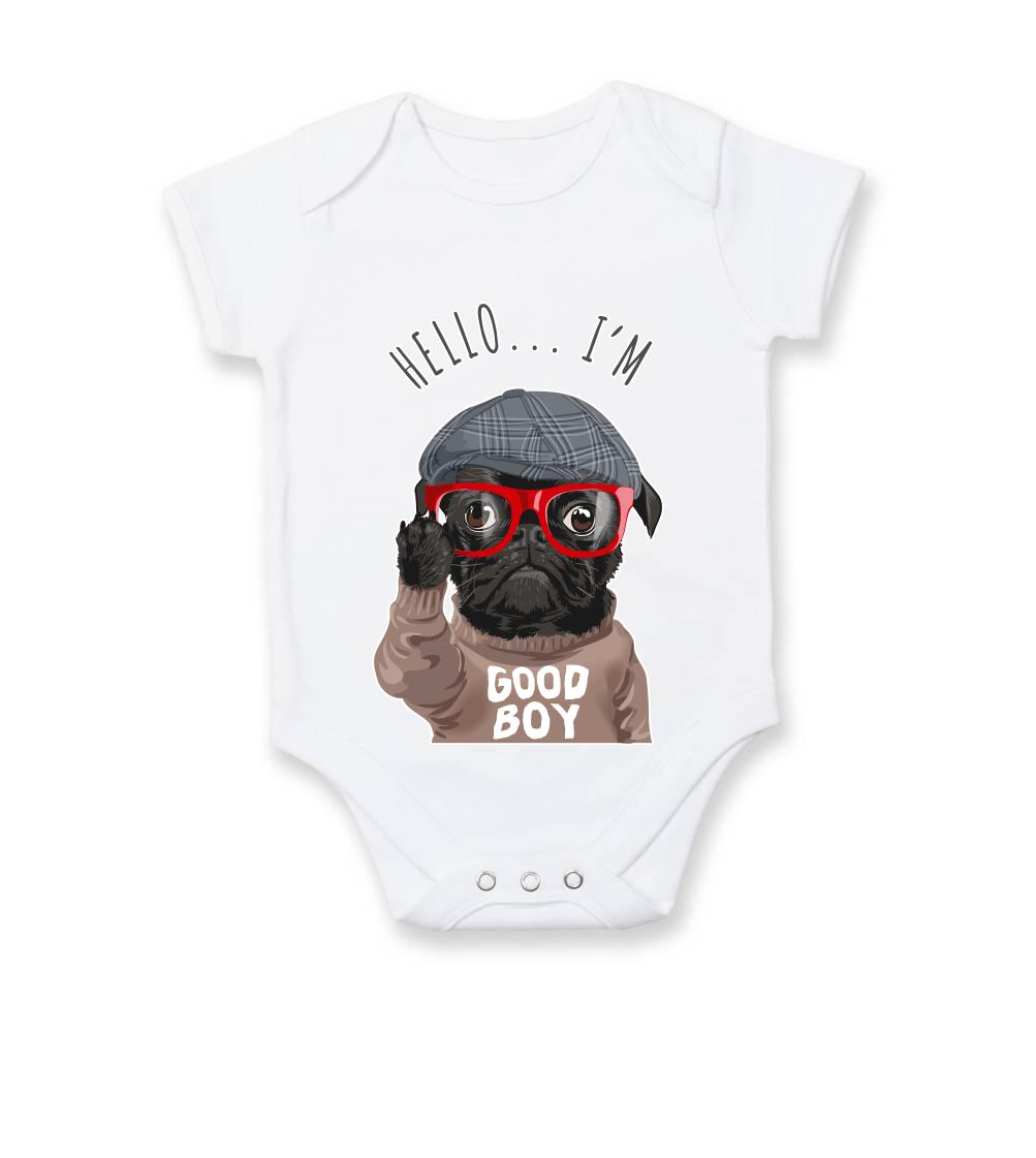Mops na tričku - Mops - Hello I'm Good boy - Body dojčenské s krátkym rukávom