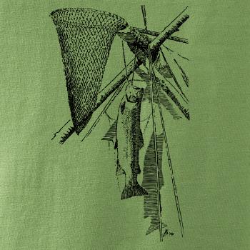 Kreslený podberák a chytená ryba