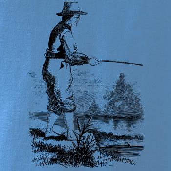 Kreslený rybár s vytiahnutými nohavicami