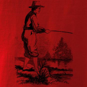 Kreslený rybár s vytiahnutými nohavicami