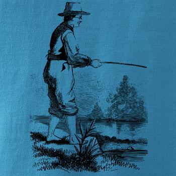 Kreslený rybár s vytiahnutými nohavicami