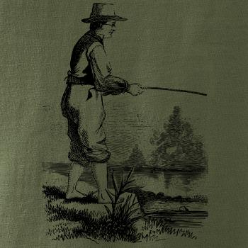 Kreslený rybár s vytiahnutými nohavicami