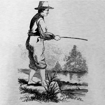 Kreslený rybár s vytiahnutými nohavicami