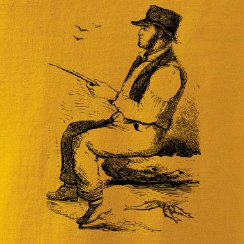 Kreslený pán s klobúkom na rybách