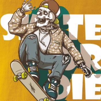 Skull riding skateboard