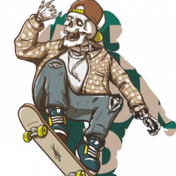 Skull riding skateboard