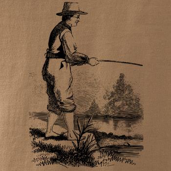 Kreslený rybár s vytiahnutými nohavicami