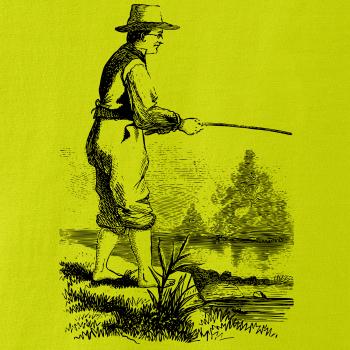 Kreslený rybár s vytiahnutými nohavicami