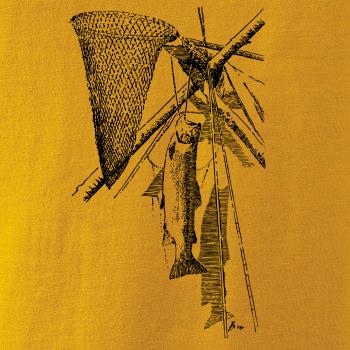 Kreslený podberák a chytená ryba