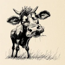 Čiernobiela karikatúra krava stojaca