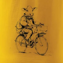 Krava v obleku na bicykli