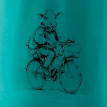 Krava v obleku na bicykli