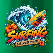 Surfové prkno a mořská vlna eat sleep repeat