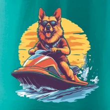 Nemecký ovčiak na vodnom skútri