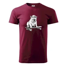 Čiernobiely buldog na skateboarde