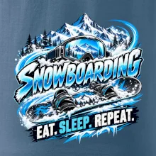 Snowboard s horským sněhem eat sleep repeat