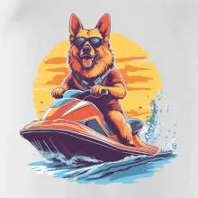 Nemecký ovčiak na vodnom skútri