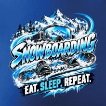 Snowboard s horským sněhem eat sleep repeat