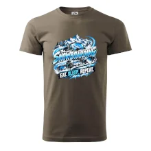 Snowboard s horským sněhem eat sleep repeat
