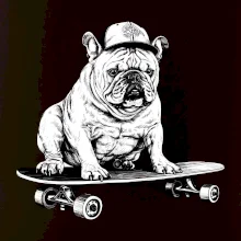 Čiernobiely buldog na skateboarde