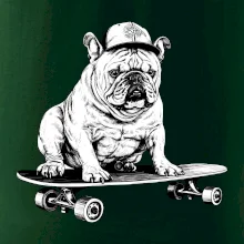 Čiernobiely buldog na skateboarde