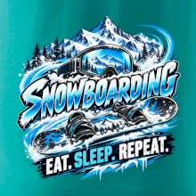 Snowboard s horským sněhem eat sleep repeat