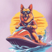 Nemecký ovčiak na vodnom skútri