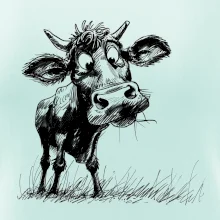 Čiernobiela karikatúra krava stojaca