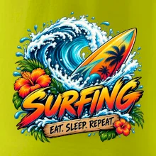 Surfové prkno a mořská vlna eat sleep repeat