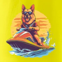 Nemecký ovčiak na vodnom skútri